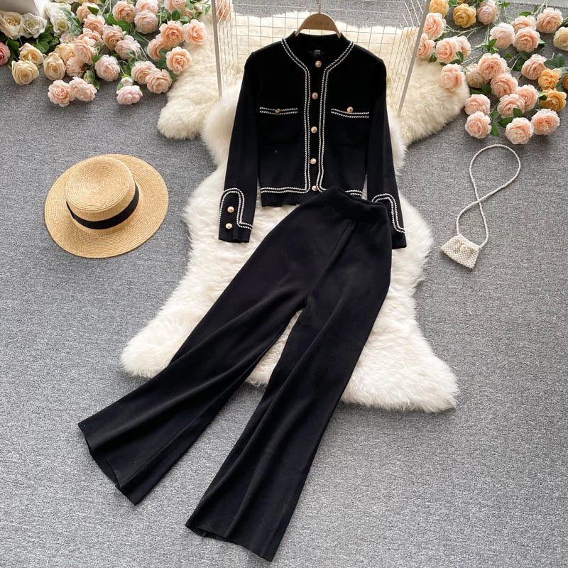 Two Piece Set Knitted Crop Top + Wide Leg Pant Suits