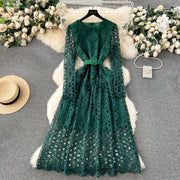 High Quality Slim Belt Long Sleeve Round Neck Lace Long Dress