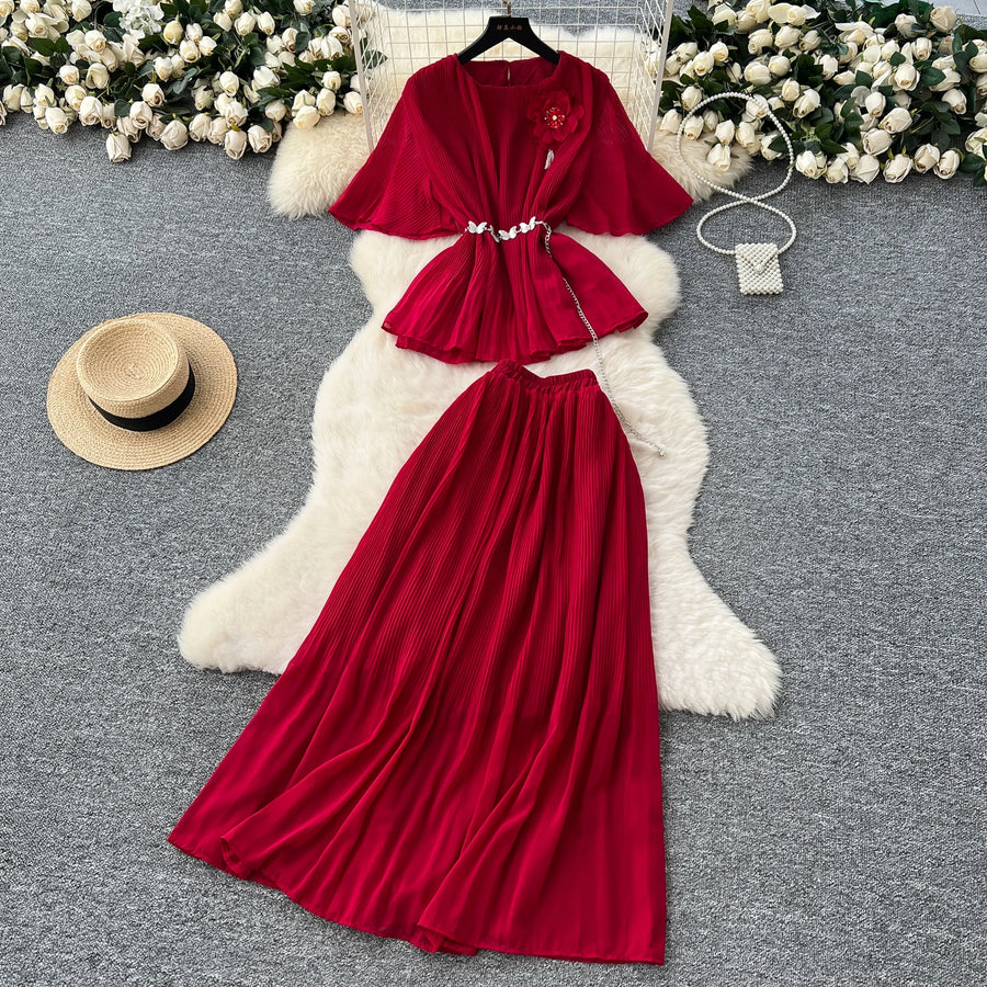 Chic Elegant Three-dimensional Ruched slim chain casual Sexy Evening Fashion fairycore women clothing Two Piece Set