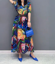 Multicolor three quarter sleeve midi dress with high quality belt