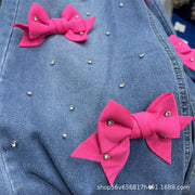 Age Reduction Female Two-piece Set Cute Bow Diamonds Beads O-neck Pullover T-shirt Top + High Waist Straight Denim Pants Suits