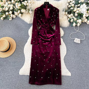 High Quality Long Sleeve V Neck Thick Velvet Diamond Embellished Dress