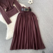 Women Elegant Office Two Piece Sets Autumn Winter Long Sleeved Standing Neck Sweater Top High Waist Slim A-line Long Skirt Suits