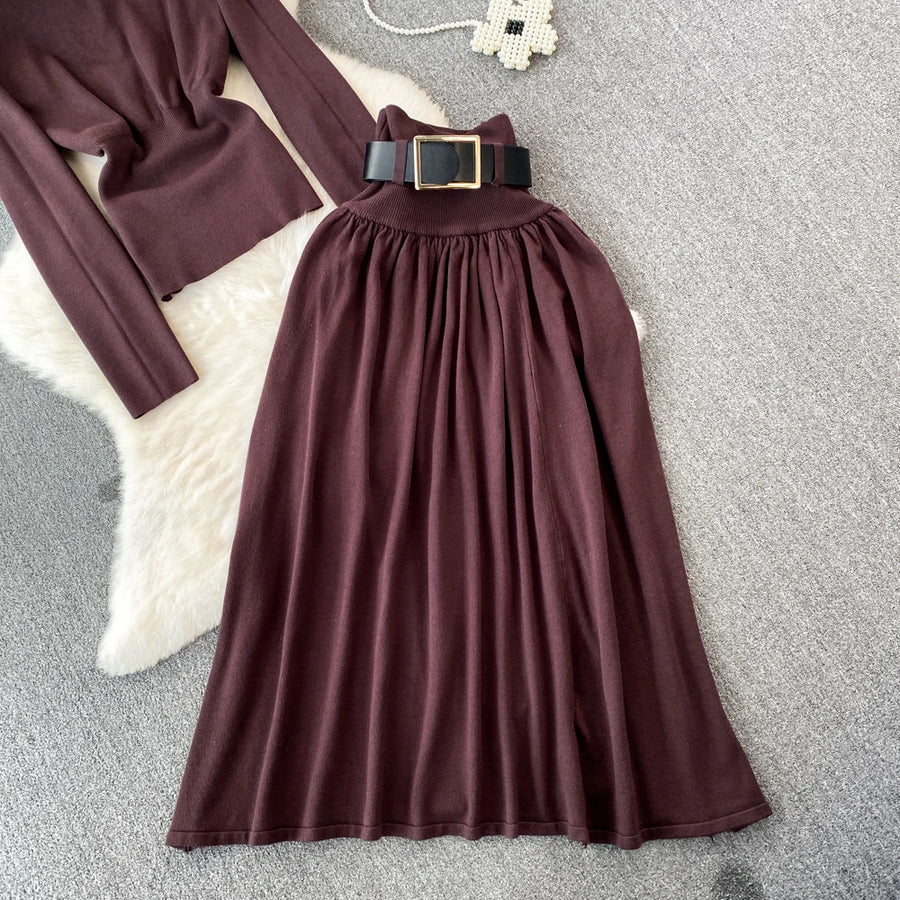 Women Elegant Office Two Piece Sets Autumn Winter Long Sleeved Standing Neck Sweater Top High Waist Slim A-line Long Skirt Suits
