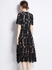 High-end embroidered lace round neck short-sleeved openwork dress