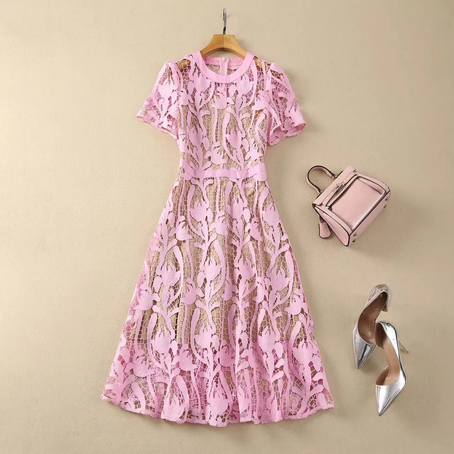 High Quality Embroidery Short Sleeve Openwork Lace Dresses