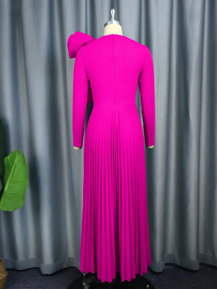 Elegant long sleeve pleated dress in blue, green, pink high quality