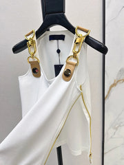 Square neck, sleeveless, patchwork top with high quality metal buckle