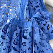 Summer Embroidery Maxi Dress Two Piece Set Women Blue Hollow Lace Long Sleeve Blouse Shirts 3pcs Sets Elastic Waist Skirts Suits