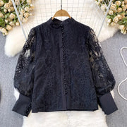 Lantern Long Sleeve Vintage Lace Blouse Women Stand-up Collar Buttons Simple Lace Shirt Elegant Loose See Through Top 29918