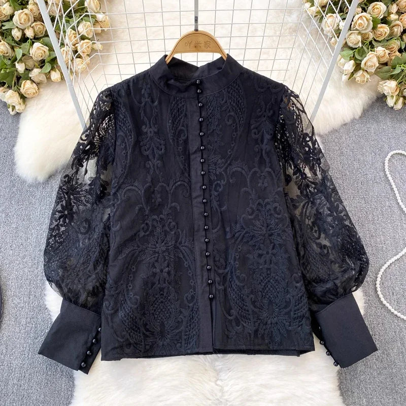 Lantern Long Sleeve Vintage Lace Blouse Women Stand-up Collar Buttons Simple Lace Shirt Elegant Loose See Through Top 29918