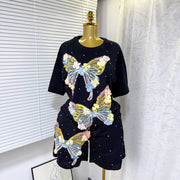 Fashion Butterfly Floral Beading Women's Set T-shirt and Shorts  Summer Active Two 2 Piece Sets Outfit Tracksuit