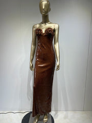 Elegant Sexy Sleeveless Backless Flower Mesh Sequin Brown Shiny Bodycon Long Dress