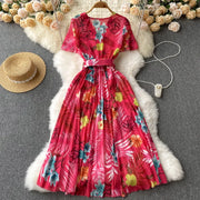 High Quality Elegant Casual Pleated Floral Print Dress