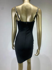 High Quality Deep V Neck Crystal Spaghetti Straps Stretch Black Bandage Dress