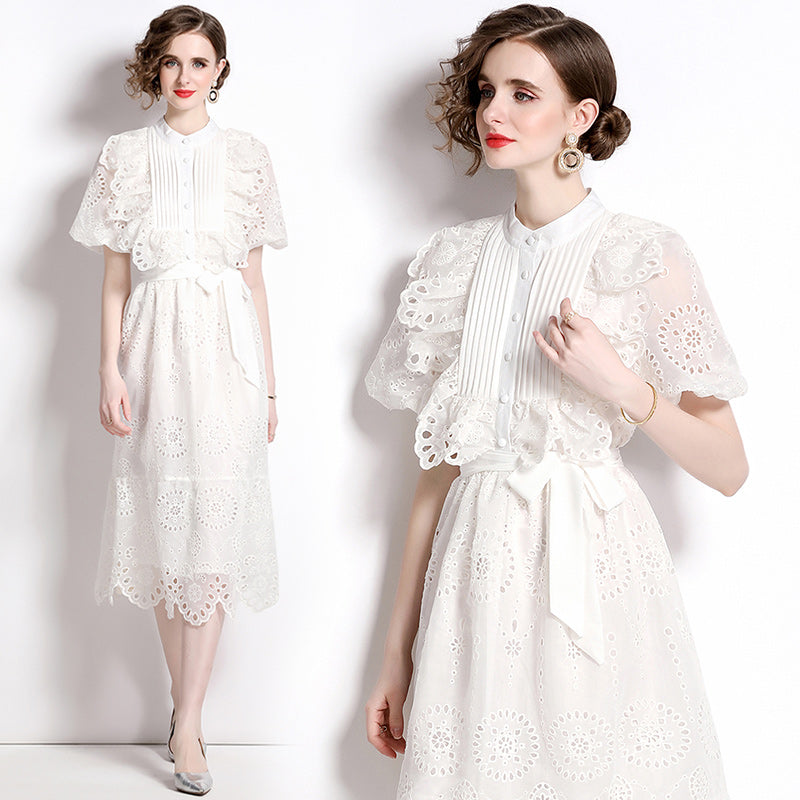 High quality embroidered dress high neck lantern sleeve short with ruffles and bows