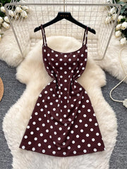 French Fashion Coffee Color Polka Dot Camisole Pure Desire Style Dress Women Summer Sweet High Waist Slim A Line Dress Woman