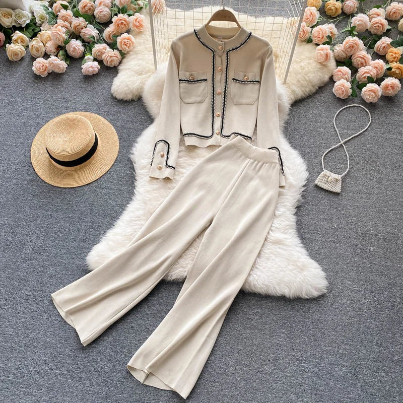 Two Piece Set Knitted Crop Top + Wide Leg Pant Suits