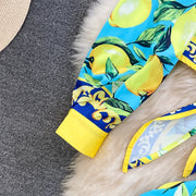 Summer Runway Fashion Sicily Lemon Print Two Piece Outfits Women Long Sleeve Bandage Crop Top＋Beach Pocket Shorts Sets