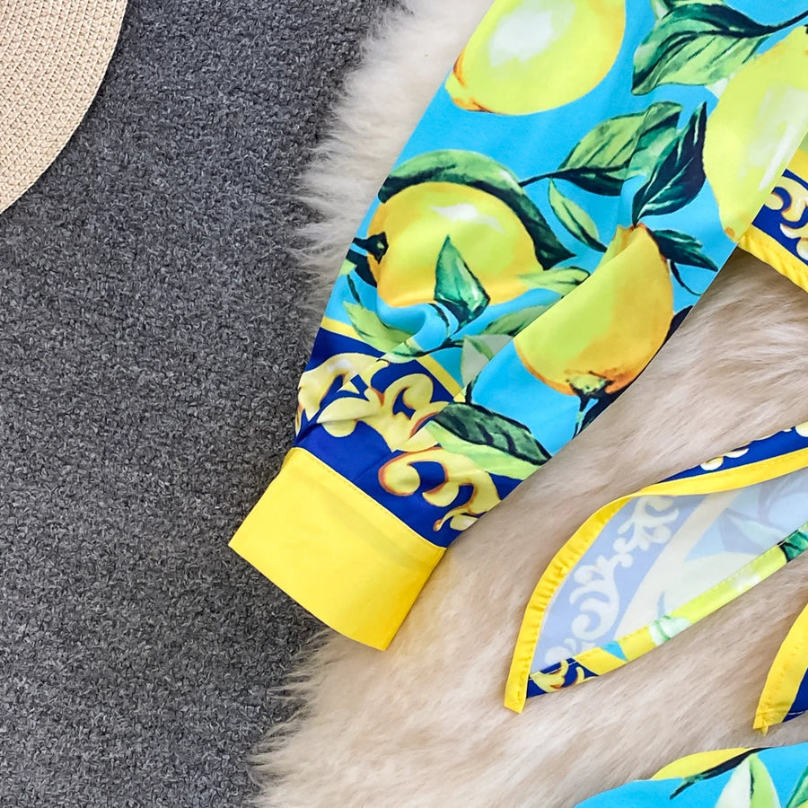 Summer Runway Fashion Sicily Lemon Print Two Piece Outfits Women Long Sleeve Bandage Crop Top＋Beach Pocket Shorts Sets