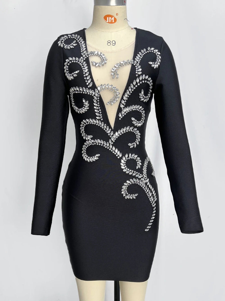 Sexy V Neck Mesh Long Sleeve Luxury Shiny Diamond Bodycon Mini Dress Elegant High Quality