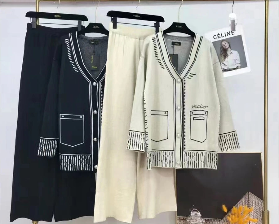 Autumn Winter Small Fragrance Knitted Two Piece Set Women Cardigan Coat + Pant Suits Fashion Casual Tracksuit 2 Piece Pant Sets