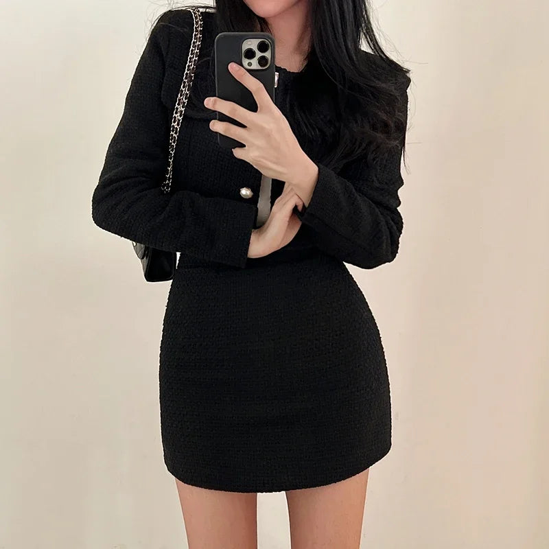 Tweed two piece set single breasted long sleeve crop top + high waist flared mini skirt high quality