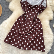 French Fashion Coffee Color Polka Dot Camisole Pure Desire Style Dress Women Summer Sweet High Waist Slim A Line Dress Woman