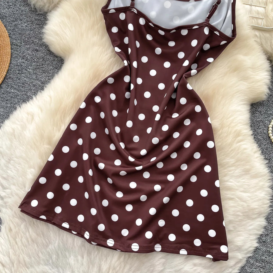 French Fashion Coffee Color Polka Dot Camisole Pure Desire Style Dress Women Summer Sweet High Waist Slim A Line Dress Woman