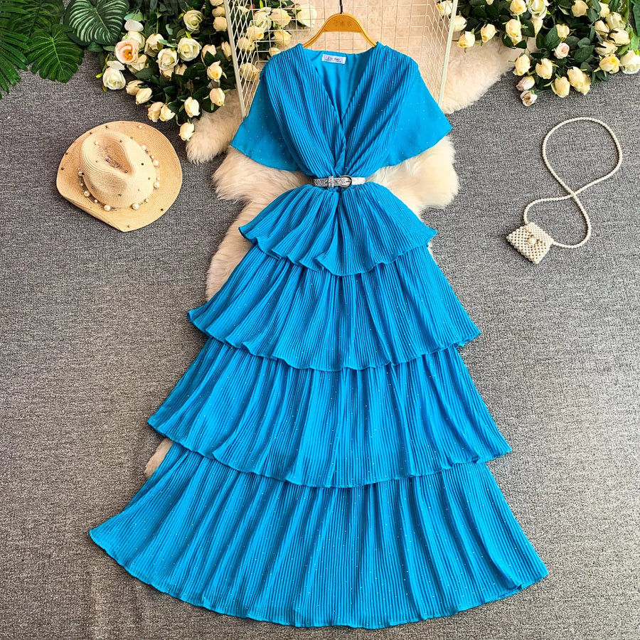 Women Long Dress Cake Dresses A Line Vestidos  Streetwear V Neck Short Sleeve Elegant Party Work Slim Fit Casual Summer