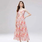 Long dress with open back and sexy A-line cut with high-quality flowers and embroidered lace