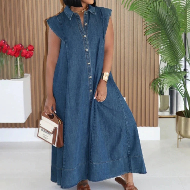 Long Dress Women Denim Dresses A Line Vestidos  Streetwear Turn Down Collar Sleeveless Elegant Casual Loose