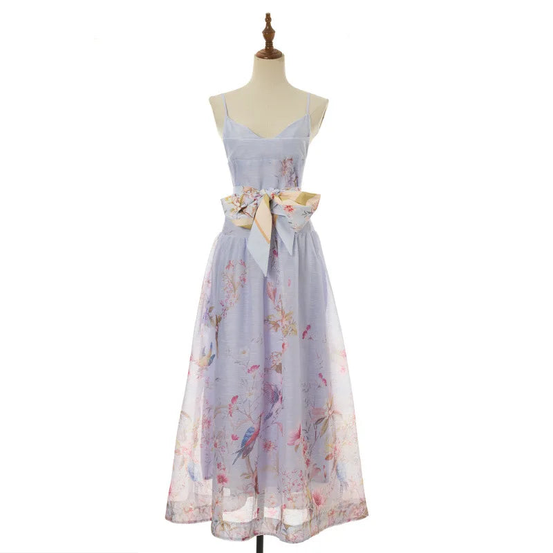 Plus size printed strappy dress with high waist, high quality midi style