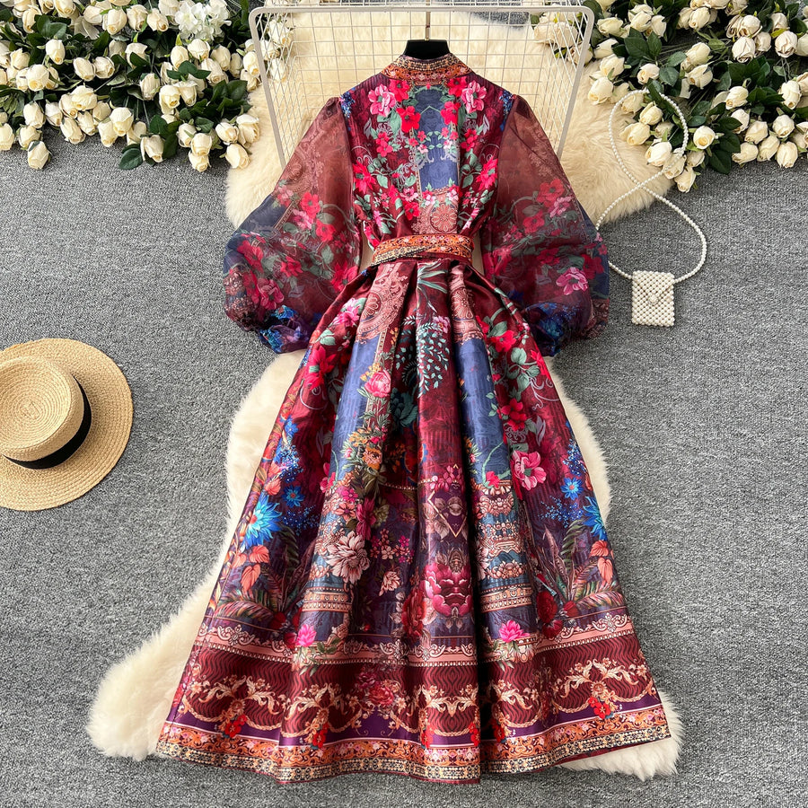 High quality vintage palace print French style elegant evening dress Red / L High quality vintage palace print French style elegant evening dress Red / L