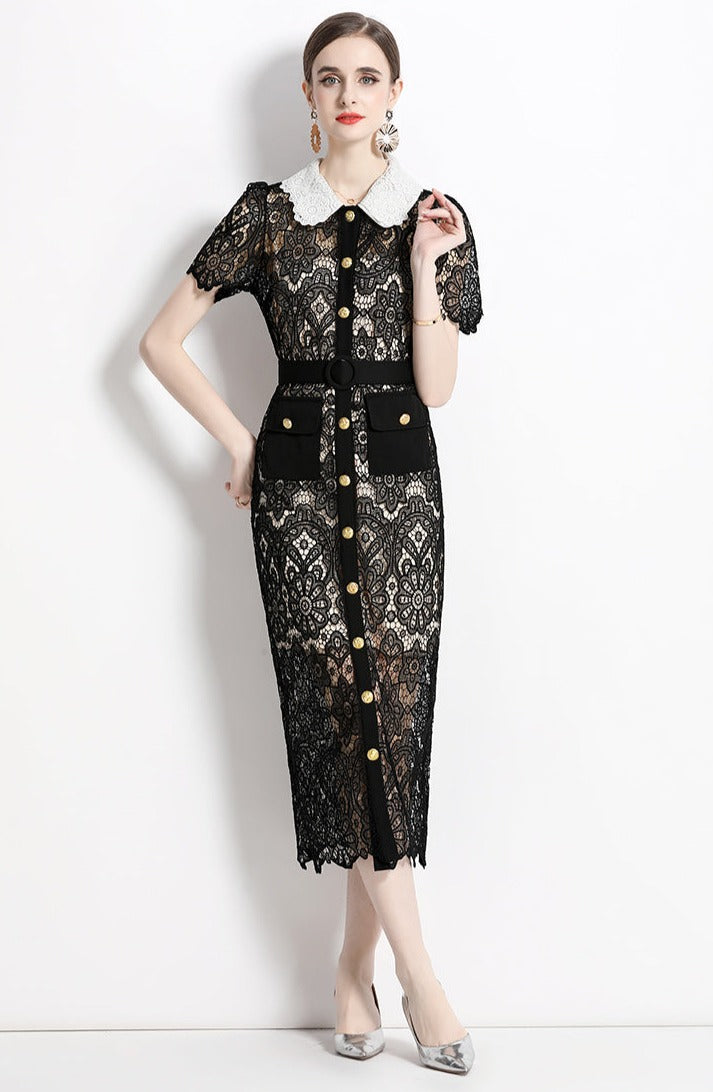 High Quality Button Pocket Lace Knee-Length Temperament Slim High Waist Pencil Dress