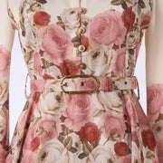 Elegant dress with floral print, high neck, long sleeves with high-quality belt