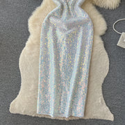 Chic Sequin Backless Slip Dress Sleeveless Korean Fashion Vestidos Women Vintage Summer Hip Wrap Dress