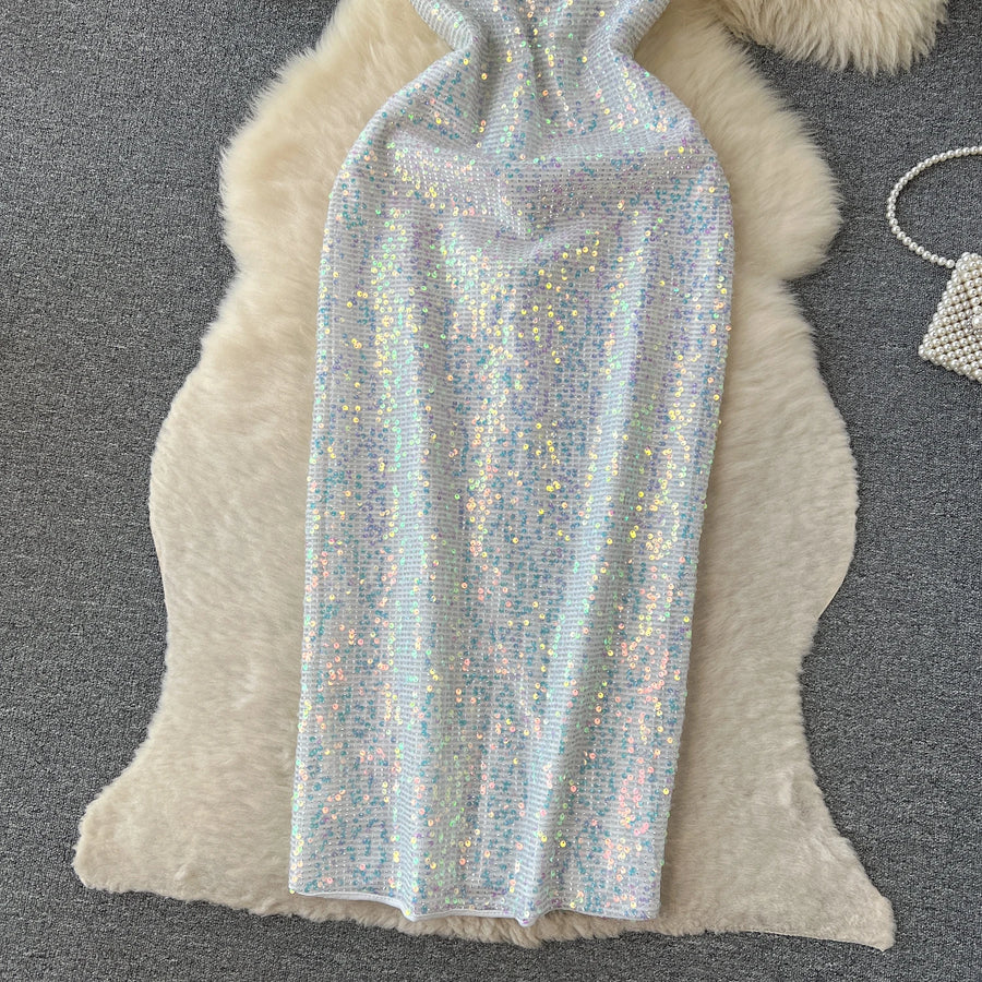 Chic Sequin Backless Slip Dress Sleeveless Korean Fashion Vestidos Women Vintage Summer Hip Wrap Dress