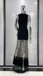 Black bodycon dress with tassel hem and shiny mesh with diamonds