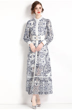 Printed Lace Long Maxi Dress, Long Lantern Sleeves Belted Single Breasted High Quality
