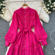 Elegant retro style slit maxi dress with pearl buttons and high-quality crochet embroidery