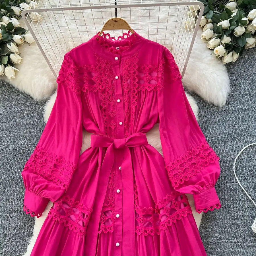 Elegant retro style slit maxi dress with pearl buttons and high-quality crochet embroidery