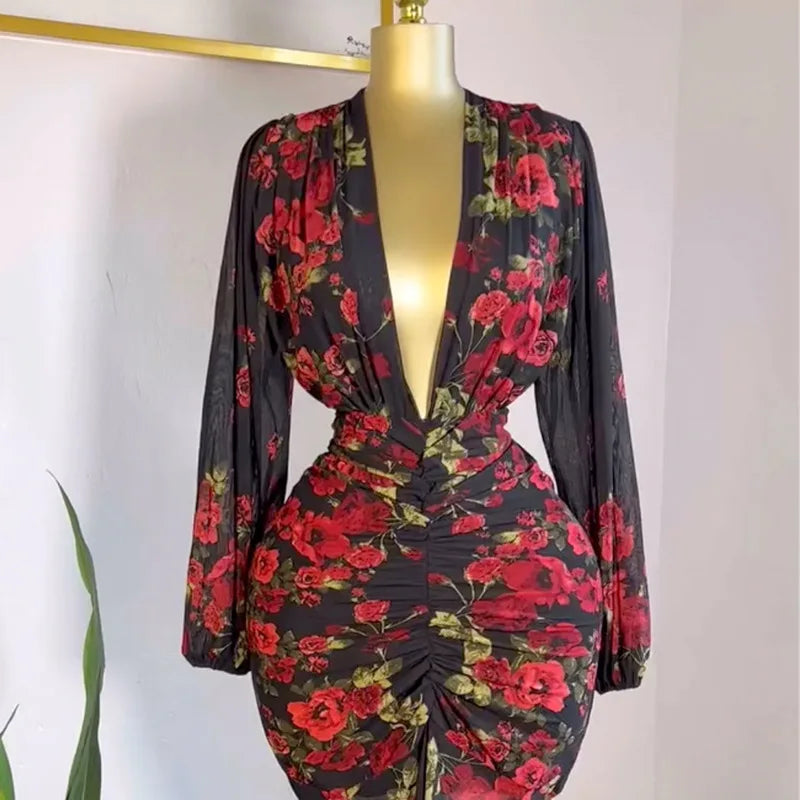 Women Full Sleeve Floral Print V-neck Elegant Long Dress Ruched Holiday Birthday Evening Sexy Party Dresses Vestidos