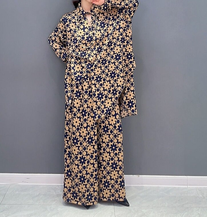 Two-pieces Long Sets For Spring Autumn Printing Long Shirt And Wide Leg Pants Casual Loose Matching Suit Clothes