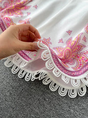 Spring New Lace Trim Printed Pattern Long-sleeved Shirts + High Waist Belted Shorts Women 2pcs Fashion Suits