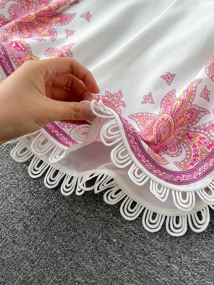 Spring New Lace Trim Printed Pattern Long-sleeved Shirts + High Waist Belted Shorts Women 2pcs Fashion Suits