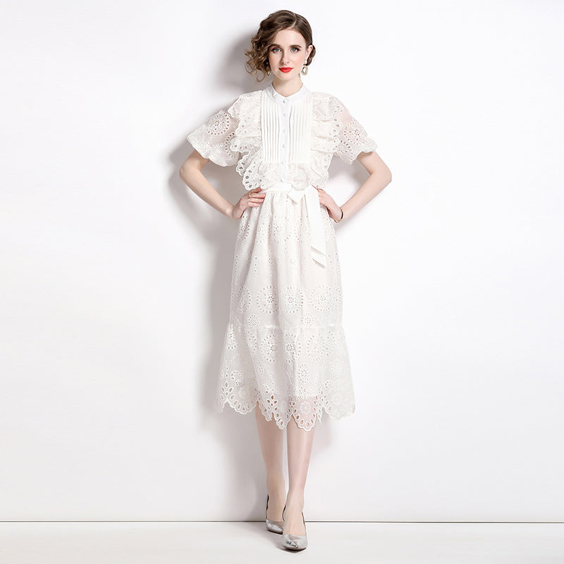 High quality embroidered dress high neck lantern sleeve short with ruffles and bows