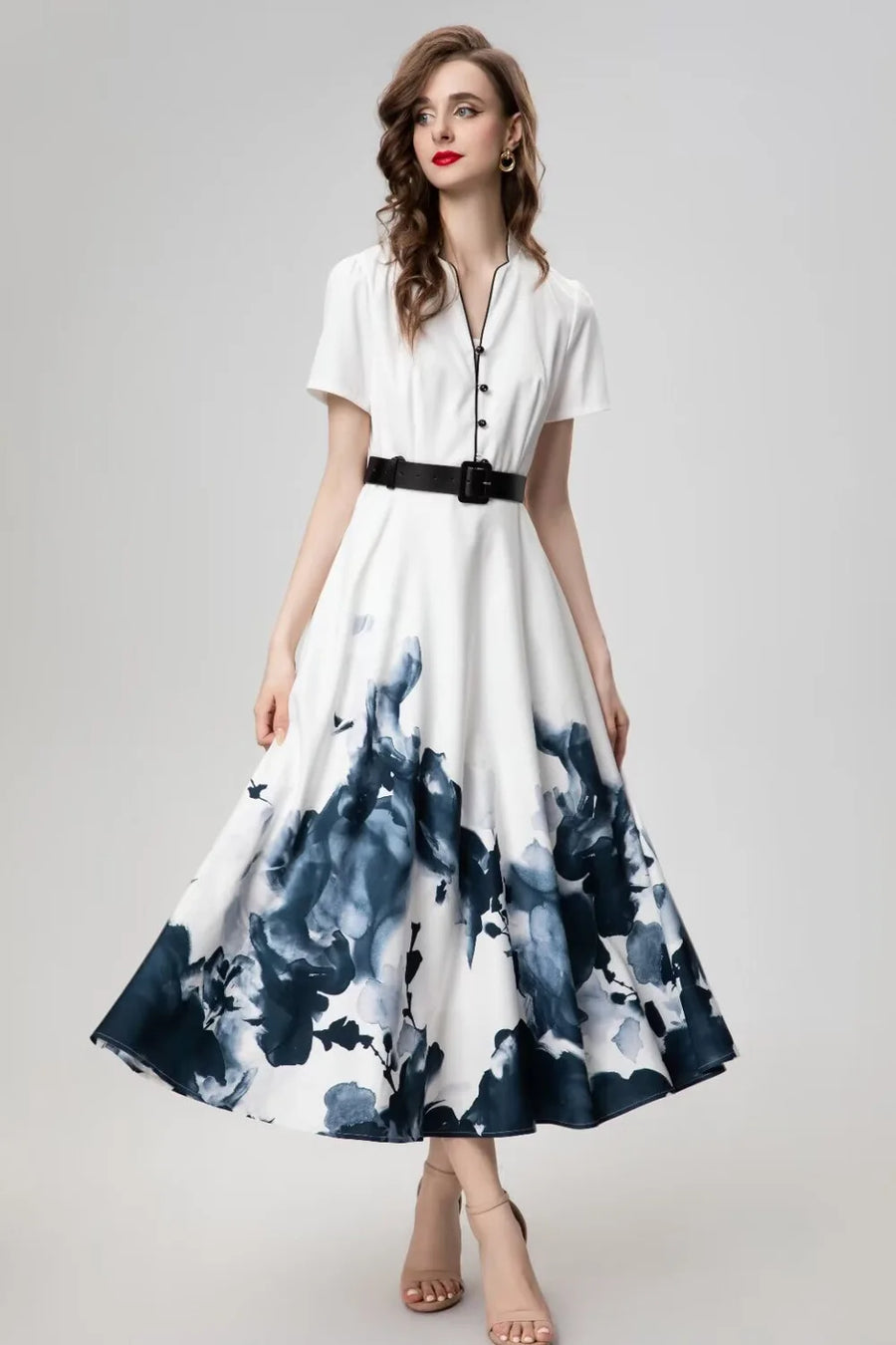 High Quality Elegant V Neck Ink Flower Print Long Dress