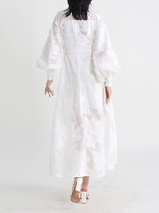 French Elegant Embroidered Round Neck Flare Sleeve Lace Up A-Line Dress High Quality