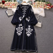 High quality black and white embroidery long sleeve elegant midi dress